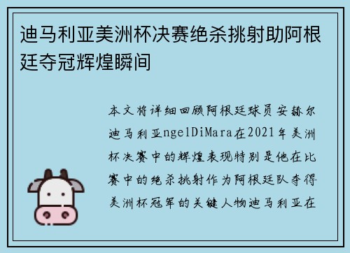 迪马利亚美洲杯决赛绝杀挑射助阿根廷夺冠辉煌瞬间